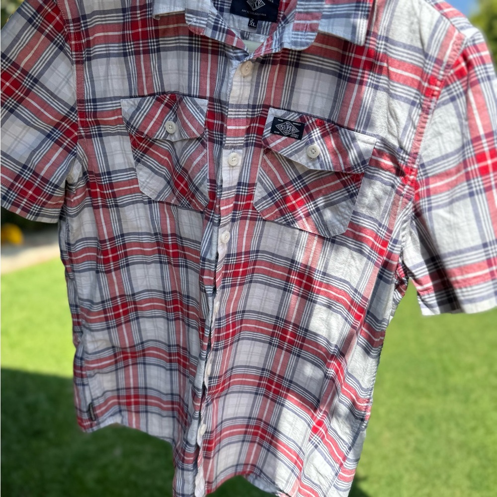 Superdry Red and White Plaid Short Sleeve Button-Down Shirt - Picture 6 of 7